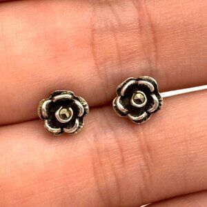 VTG Sterling Silver 925 Marcasite Flower Design Stud Earrings 7mm Width